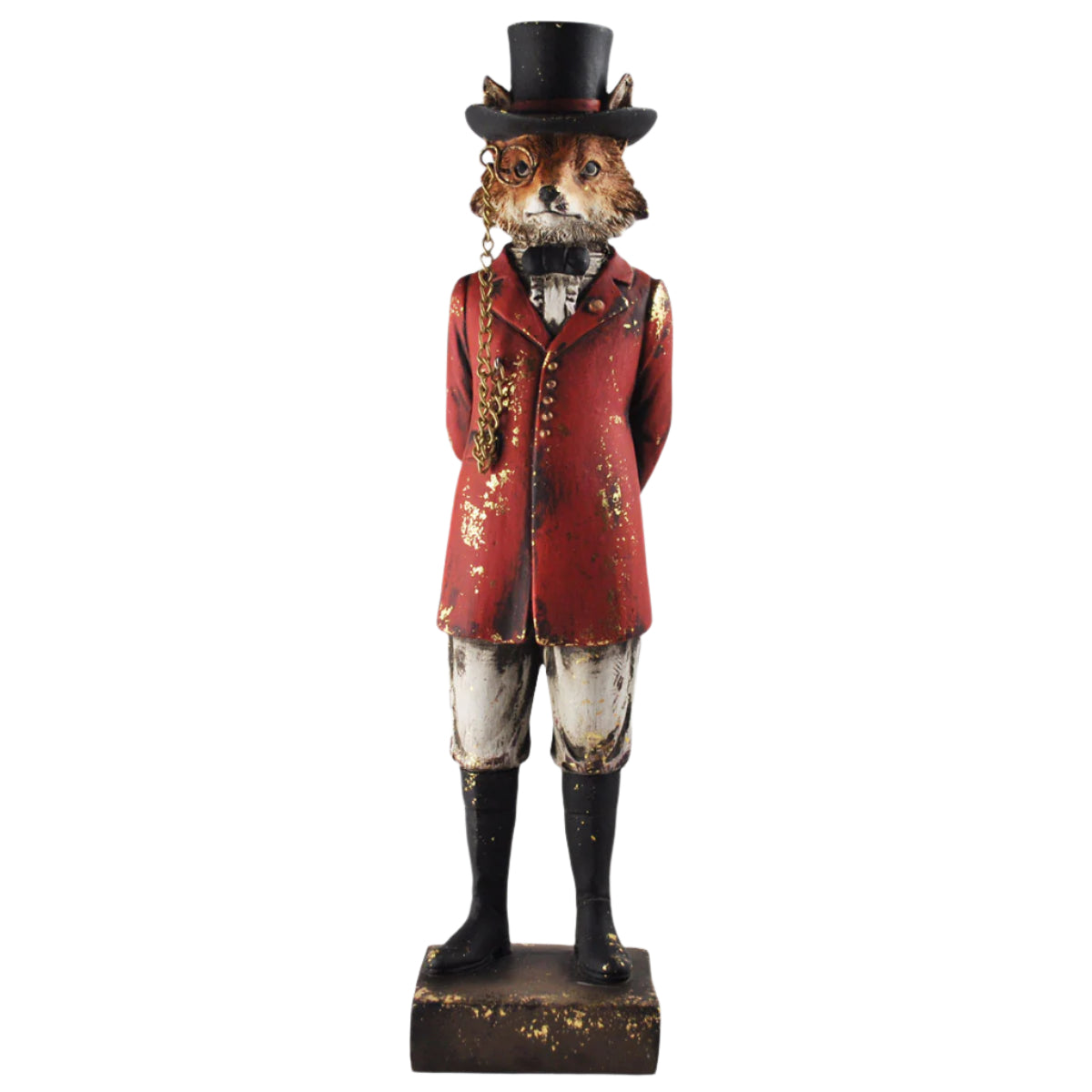Statue of a fox wearing a red coat and top hat on a gray background