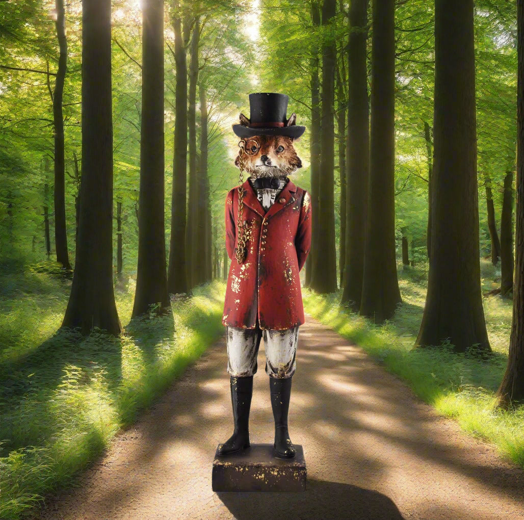 Fox figurine wearing a red coat and top hat on a gray background