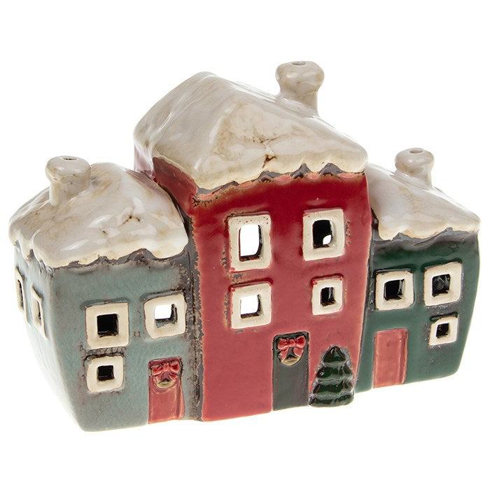 Village Pottery Christmas Three House Cottage Tealight Holder