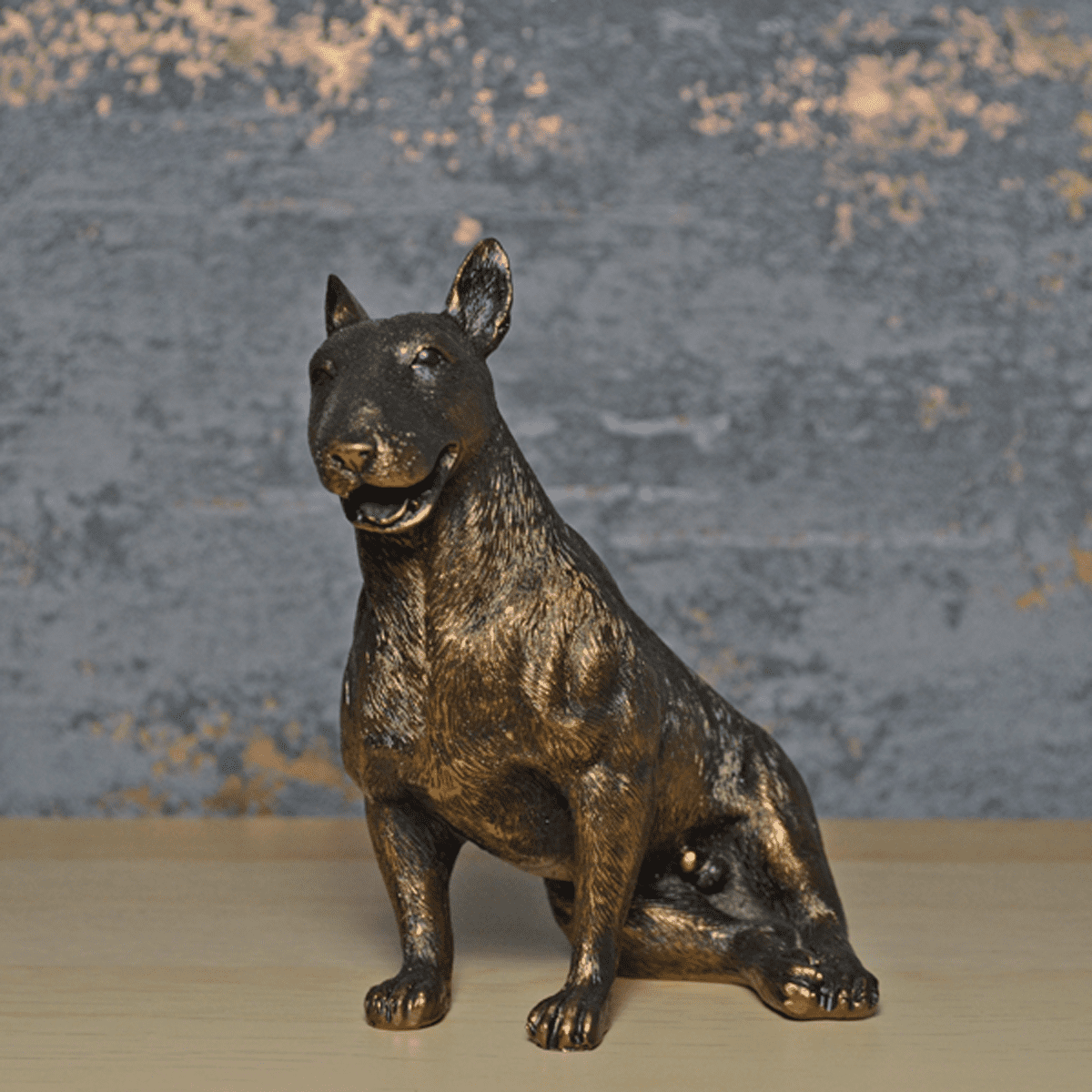 Bull Terrier Dog Sitting Painted Bronze Resin Sculpture