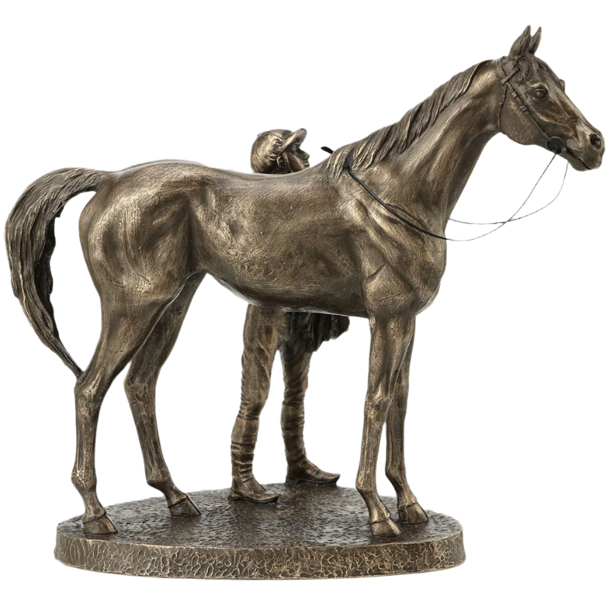 Bronze statue of a horse and rider on a white background