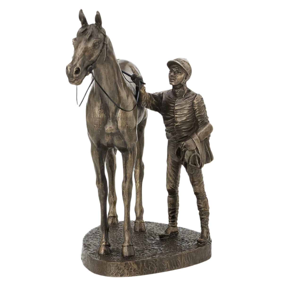 Bronze statue of a man and horse on a gray background