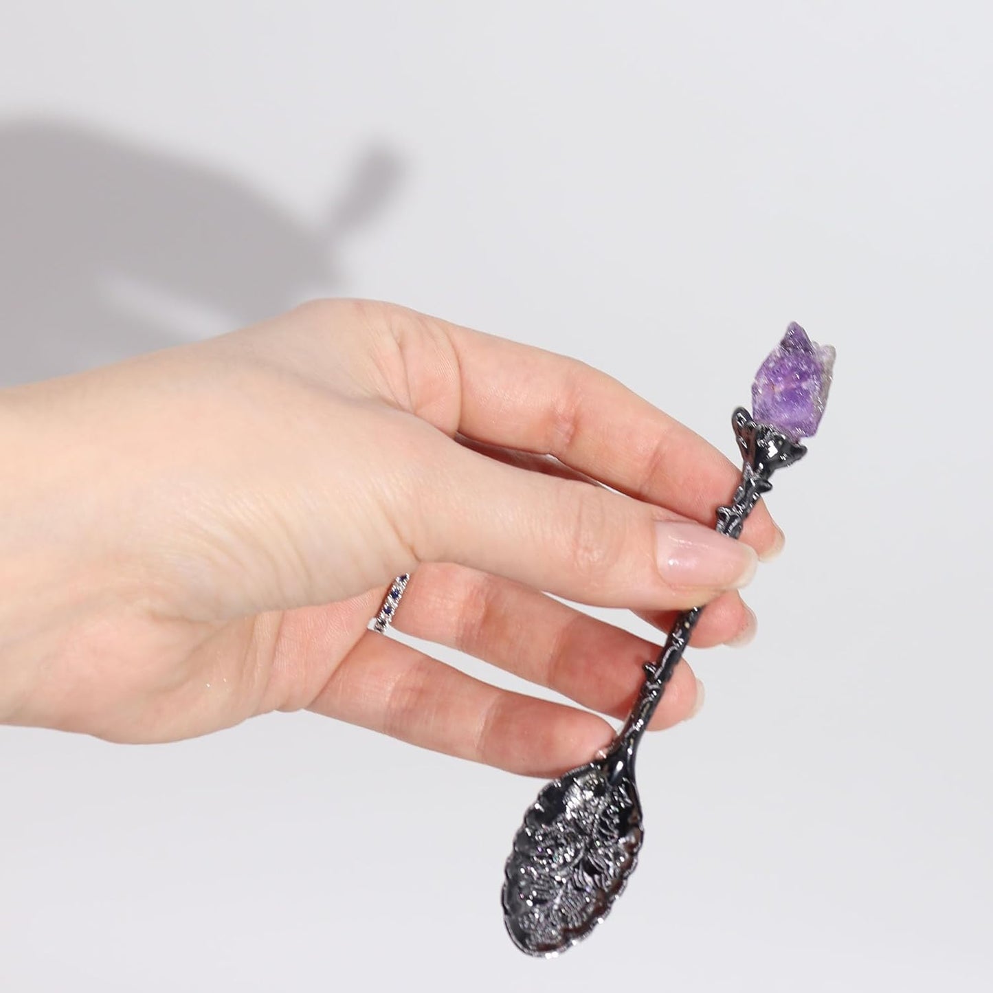 Gemstone Spoon Set 7 Piece Crystal Spoons Raw Gemstones with Embossed Handles in Dark Silver