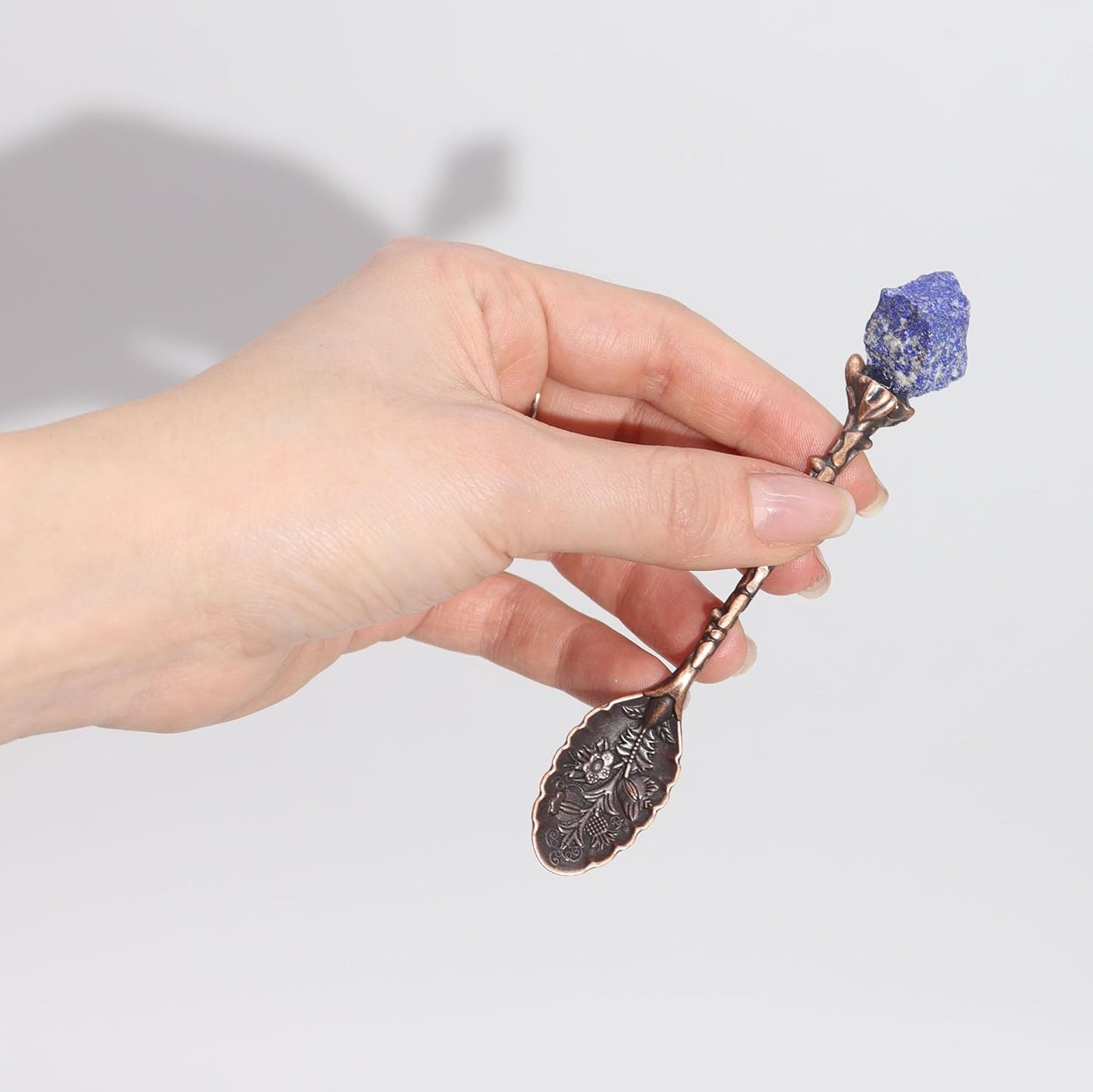 Gemstone Spoon Set 7 Piece Crystal Spoons Raw Gemstones with Embossed Handles in Bronze