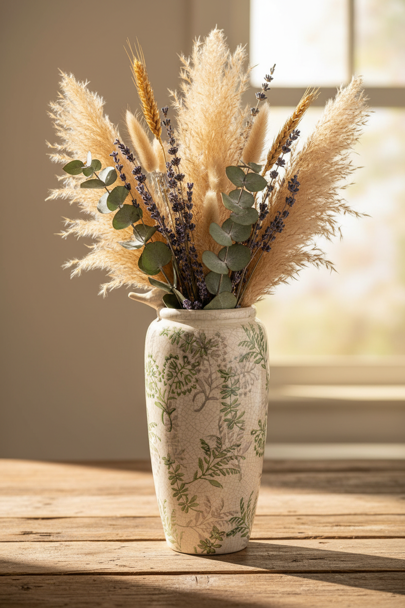A ceramic planter pot with a small bird spout, featuring a beige crackle glaze and a green botanical leaf pattern, shown against a plain white background.