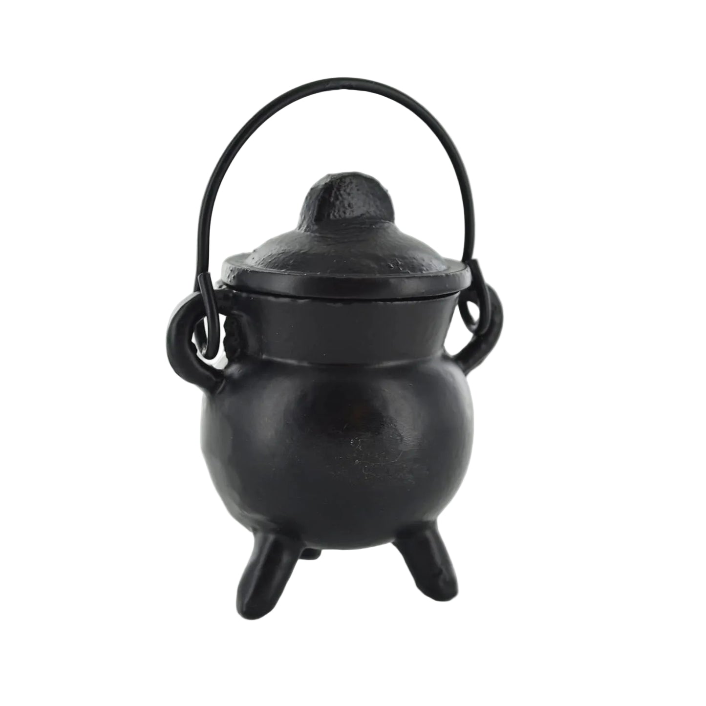 Black cast iron cauldron with lid on a white background