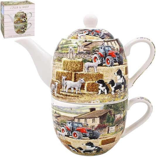 Teapot with farm scene design on a white background