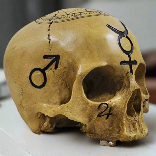 Skull Ornament With Black Witchcraft Symbols & Text Decoration