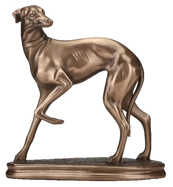 Bronze statue of a dog on a white background