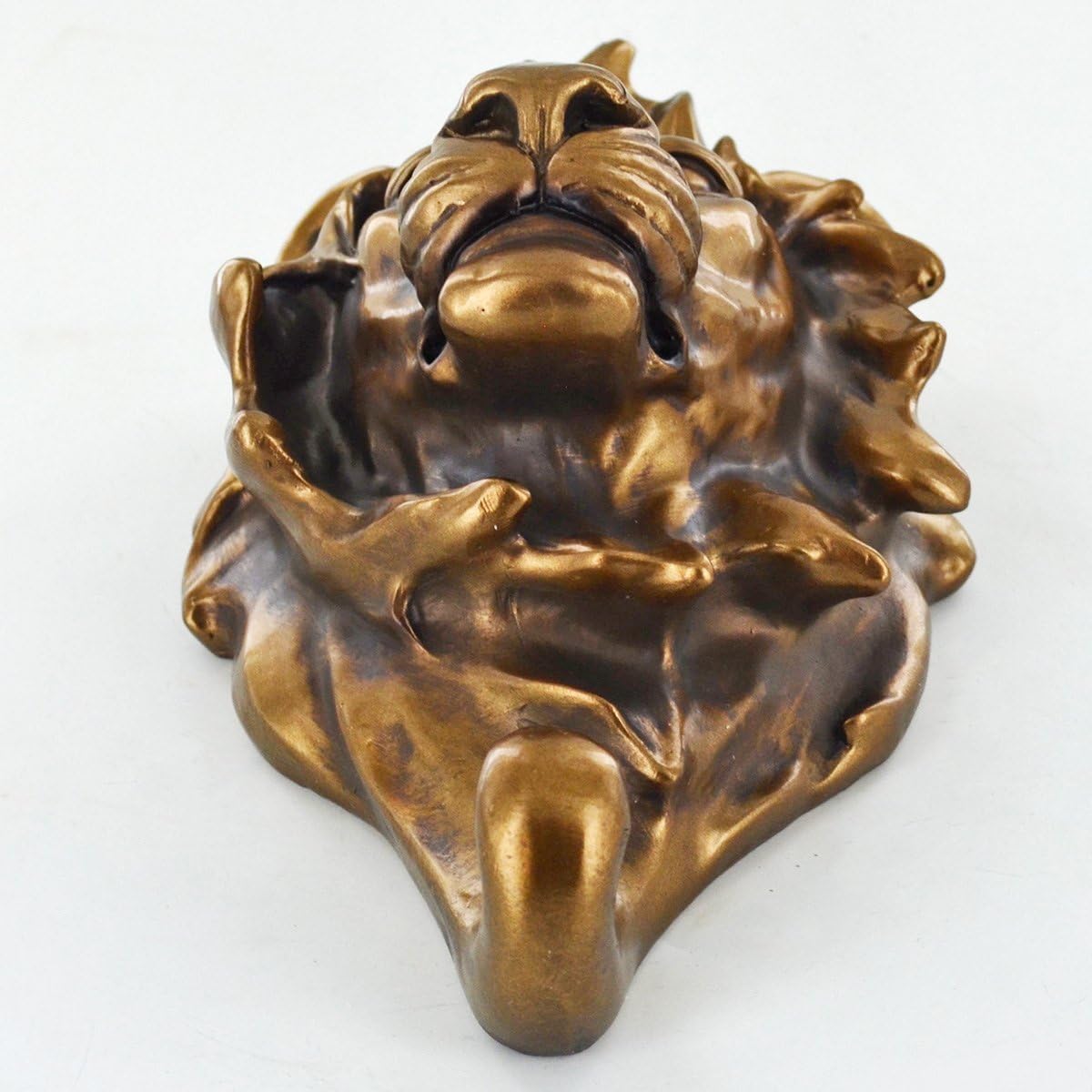 Bronze lion head decorative piece on a white background