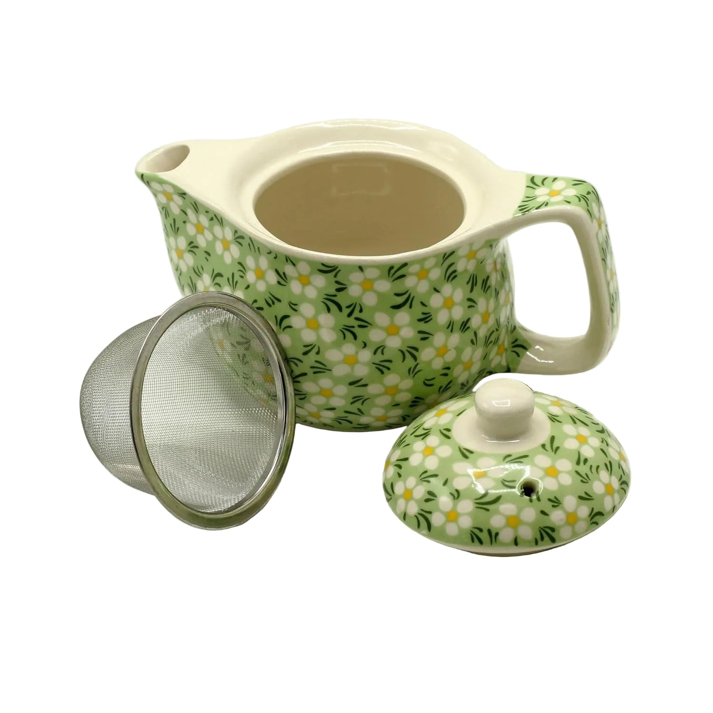 Ceramic teapot with floral pattern, lid, and mesh filter on a white background