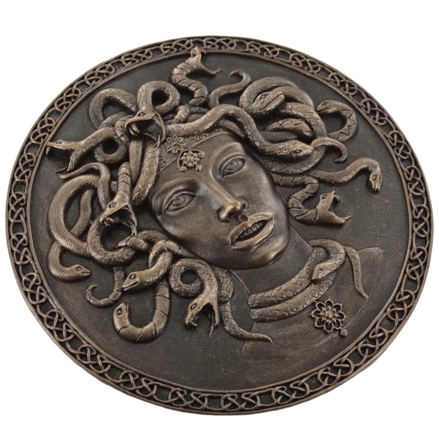 Bronze plaque of Medusa with snakes on a white background