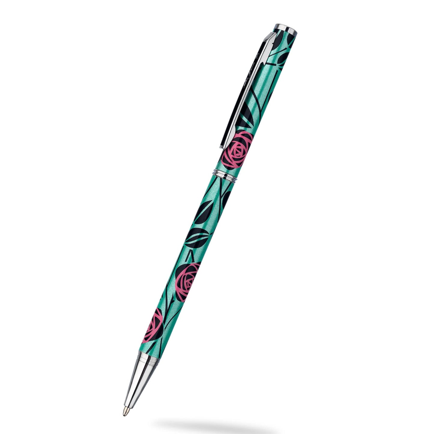 Slimline Ballpoint Pen Mackintosh Rose & Stem Design In Green