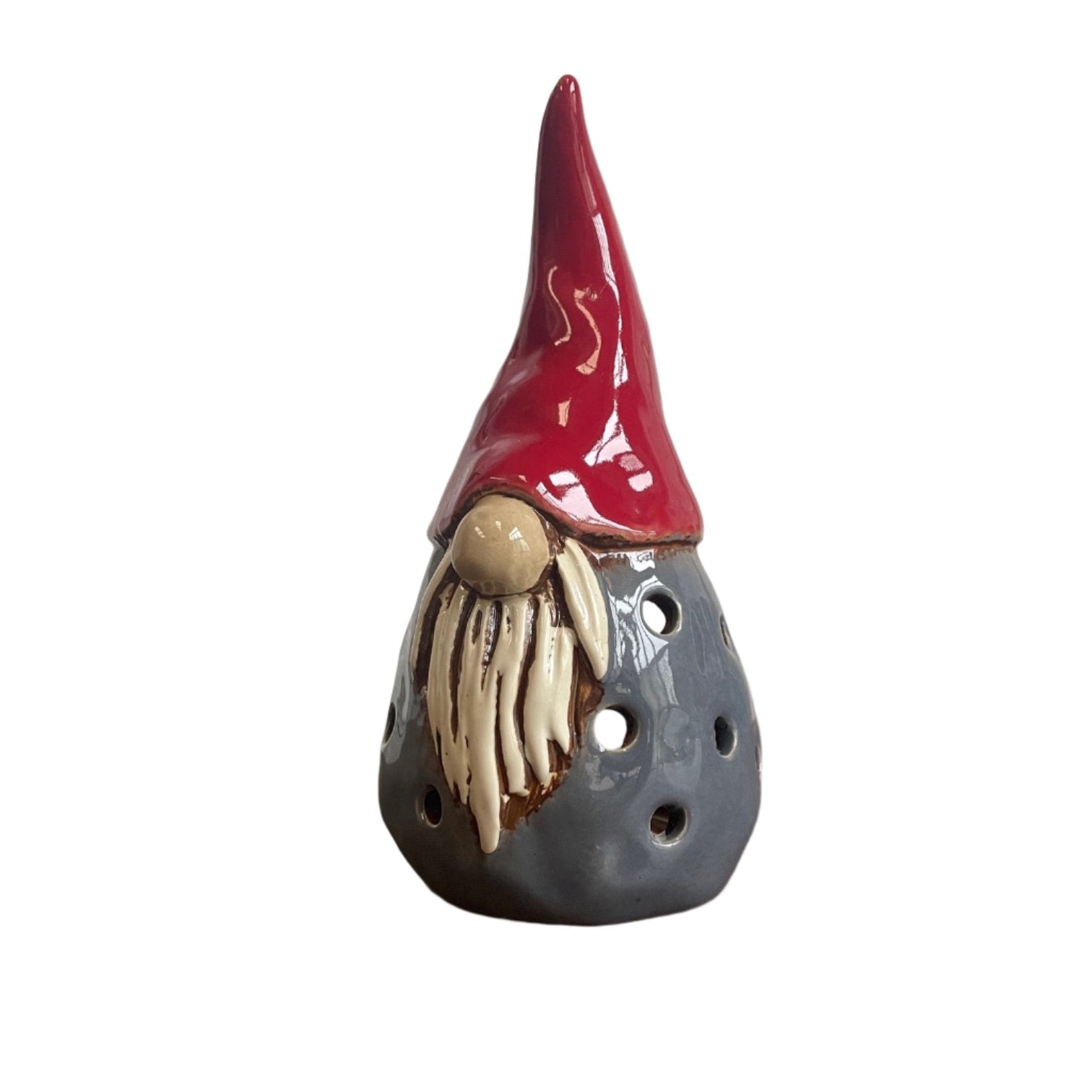 Gonk Tealight Holder By Village Pottery Grey & Red