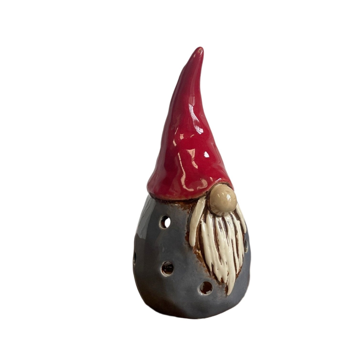 Gonk Tealight Holder By Village Pottery Grey & Red