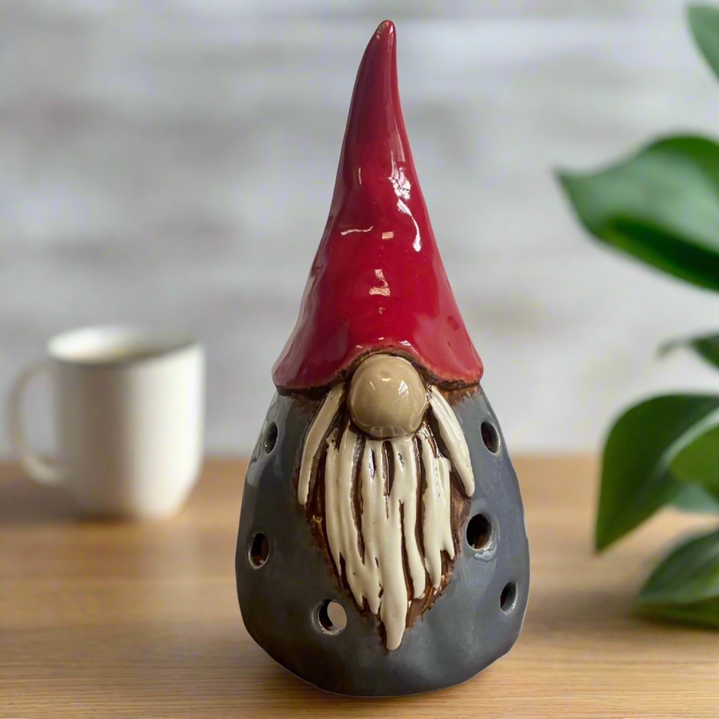 Gonk Tealight Holder By Village Pottery Grey & Red