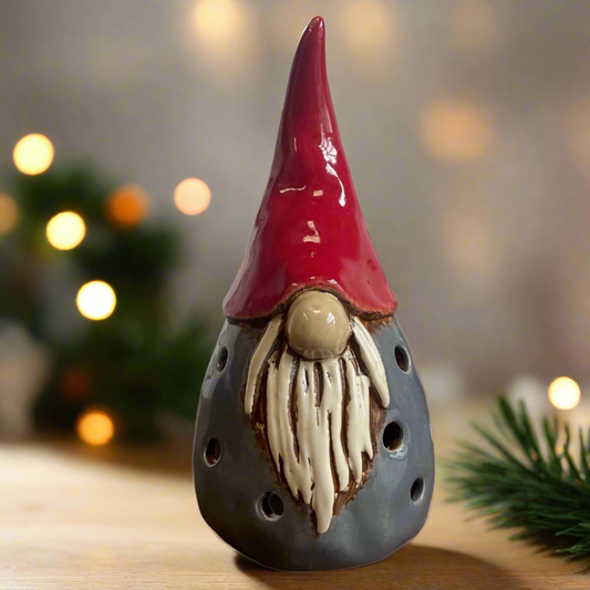 Gonk Tealight Holder By Village Pottery Grey & Red