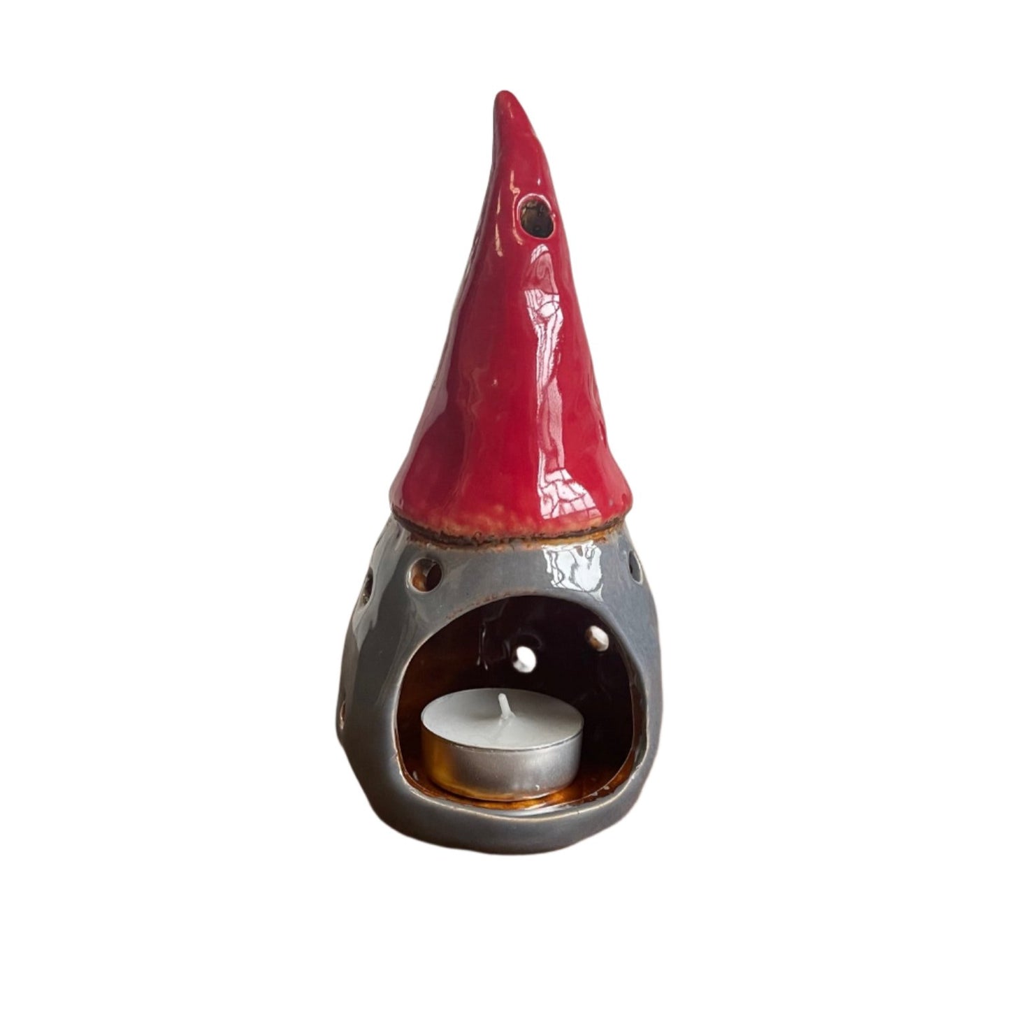 Gonk Tealight Holder By Village Pottery Grey & Red