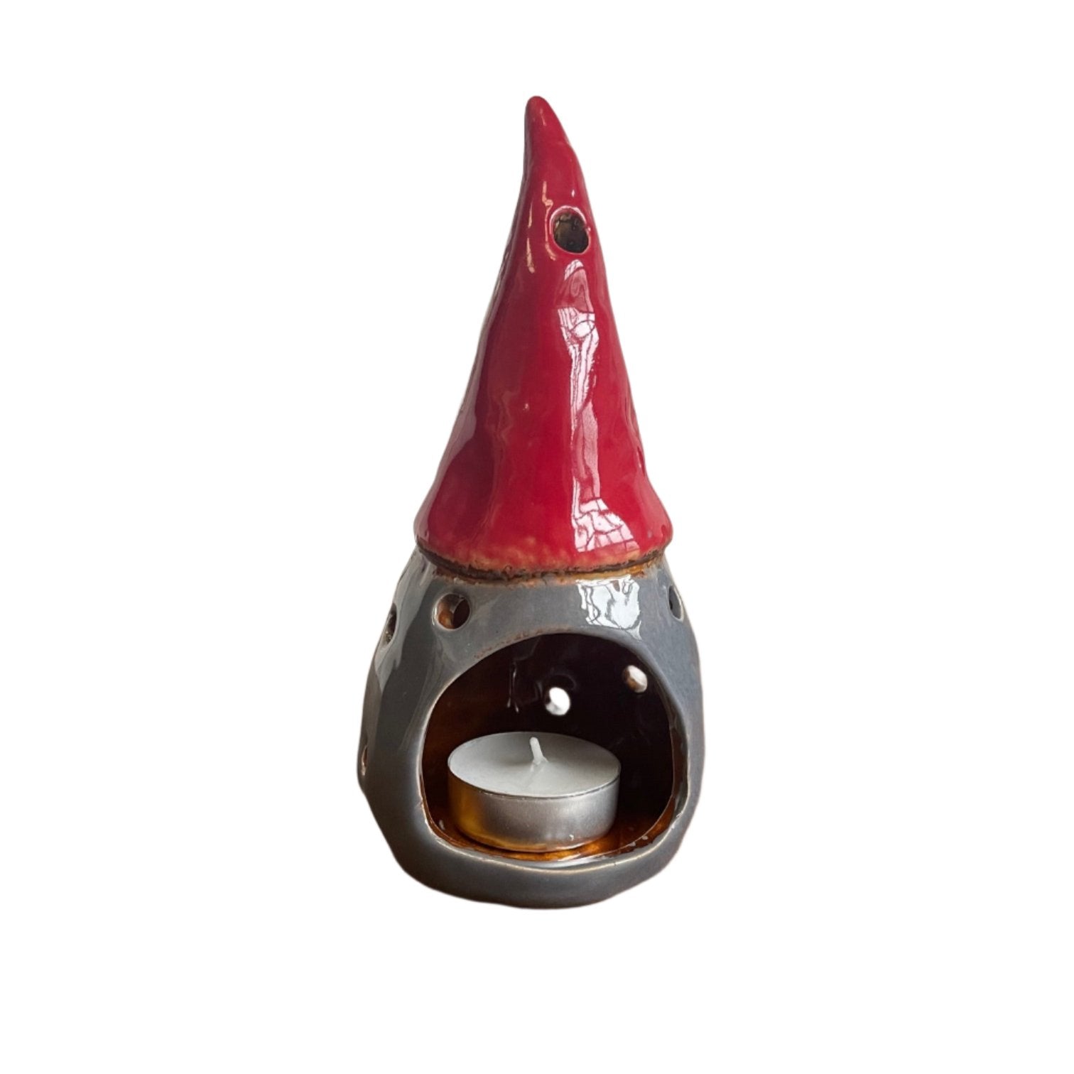 Gonk Tealight Holder By Village Pottery Grey & Red