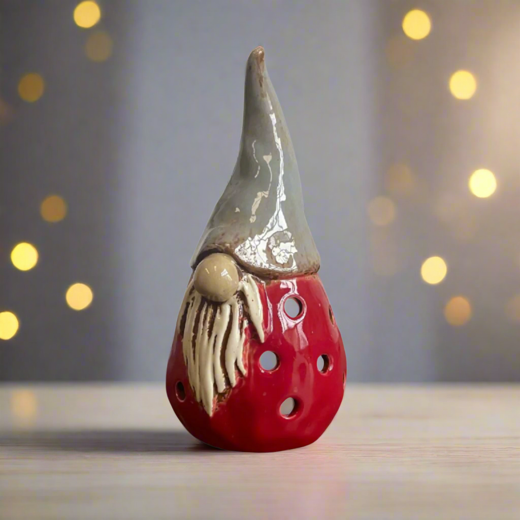 Gonk Tealight Holder By Village Pottery Red & Grey