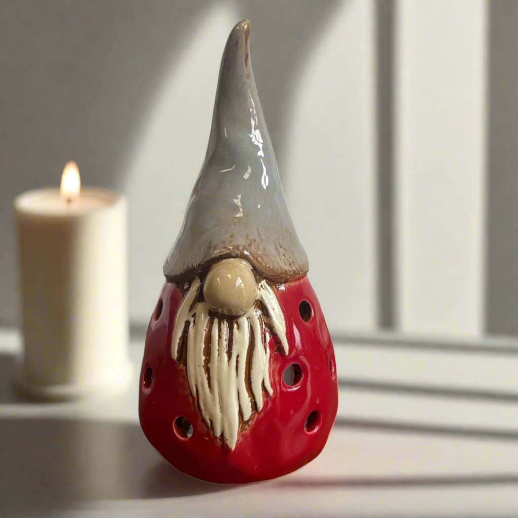 Gonk Tealight Holder By Village Pottery Red & Grey