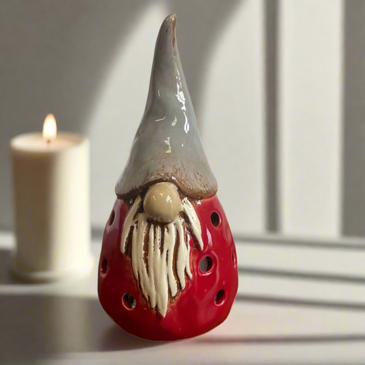 Gonk Tealight Holder By Village Pottery Red & Grey