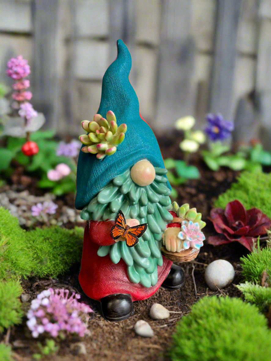 Garden Gonk Figure Blue Hat With Butterfly & Plants - Present Days