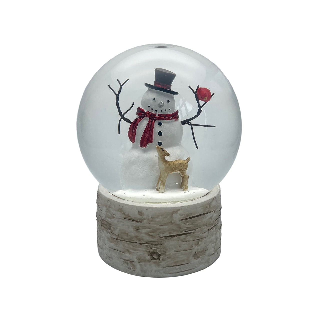 Snow globe with a snowman and deer design on a gray background