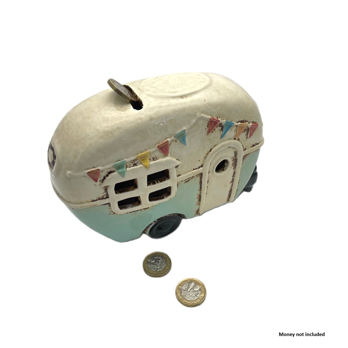 Retro Ceramic Caravan Money Box By Village Pottery Aqua Blue - Present Days