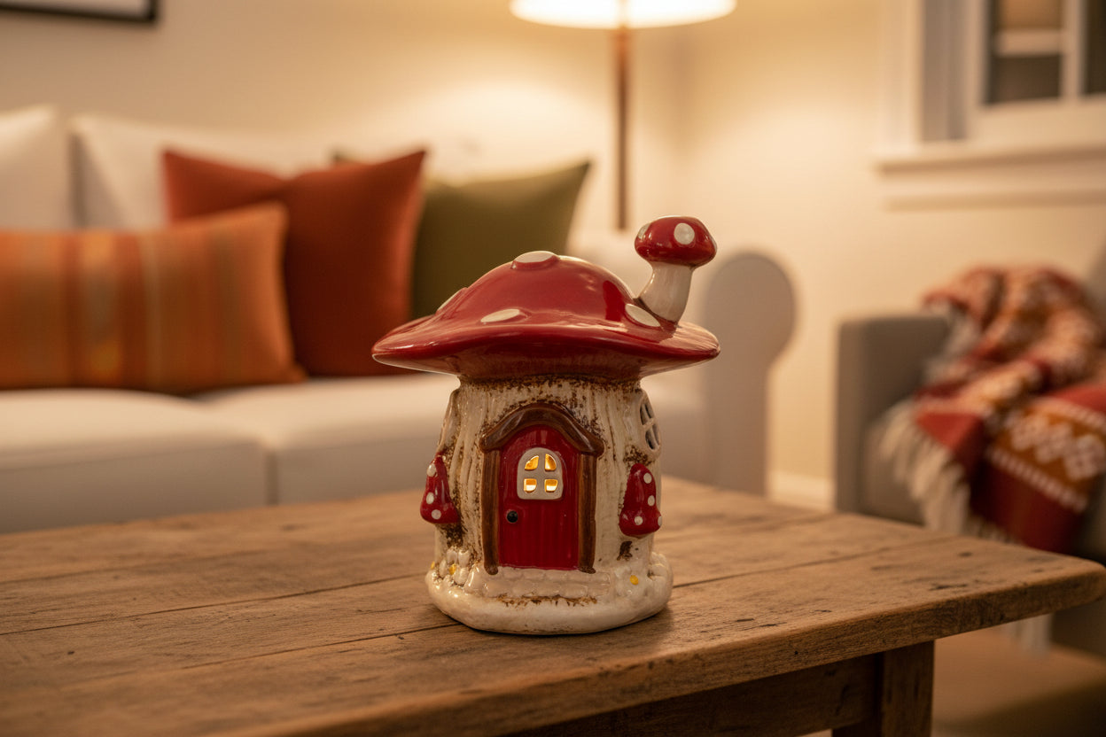 Mushroom-shaped decorative tea light holder on a wooden table with a cozy living room background