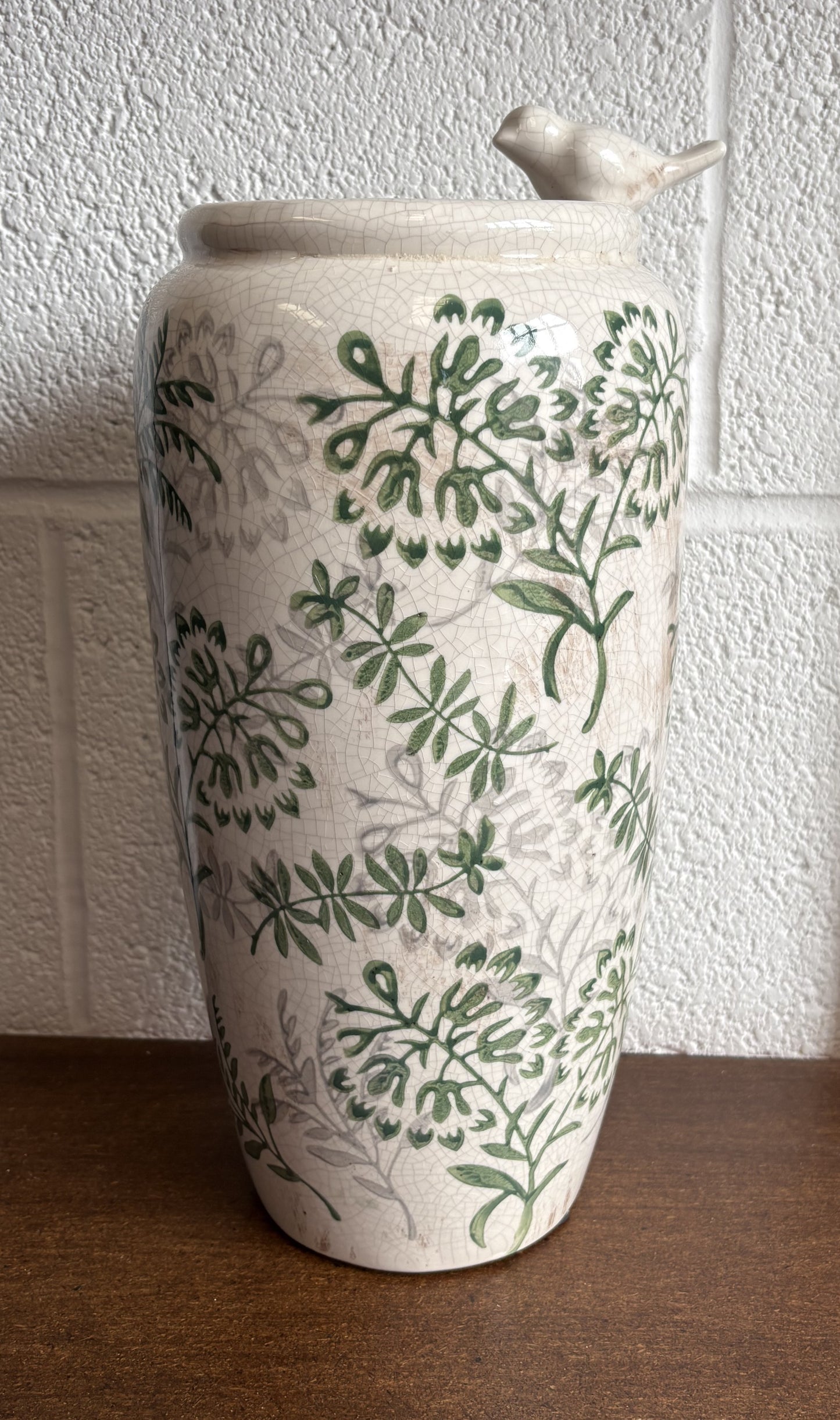 Song Bird Flower Vase Large Vintage Style Crackle Glaze Finish