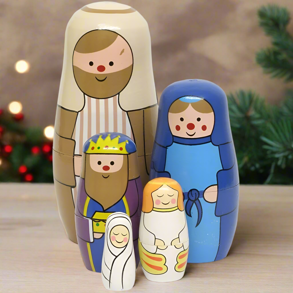 Nativity Wooden Russian Dolls Set 5 Pieces Nesting Dolls