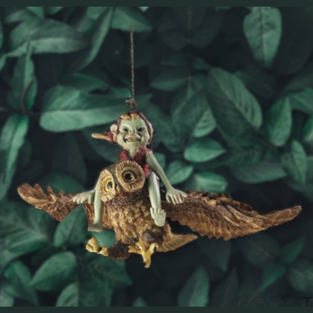 Pixie Riding Owl Hanging Garden Home Decor Figurine - Present Days