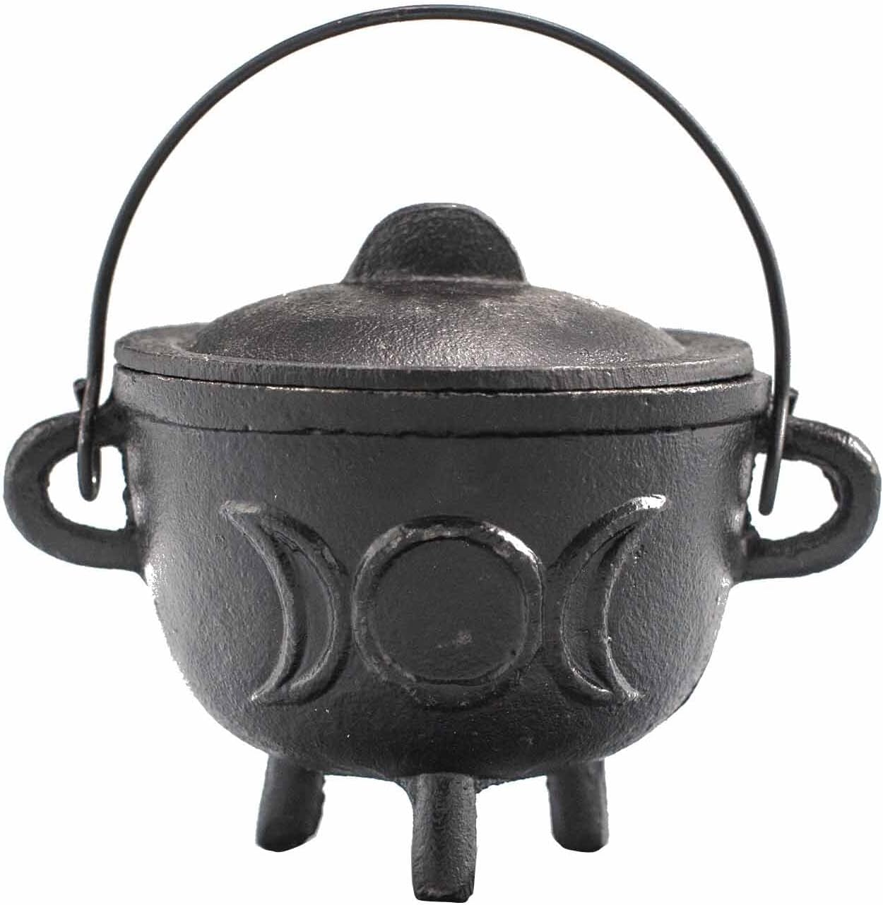 Cast Iron Cauldron, Perfect for Witchcraft, Energy Spells, Halloween Altar, Pagan, and Wiccan Rituals Triple Moon, 11x13cm