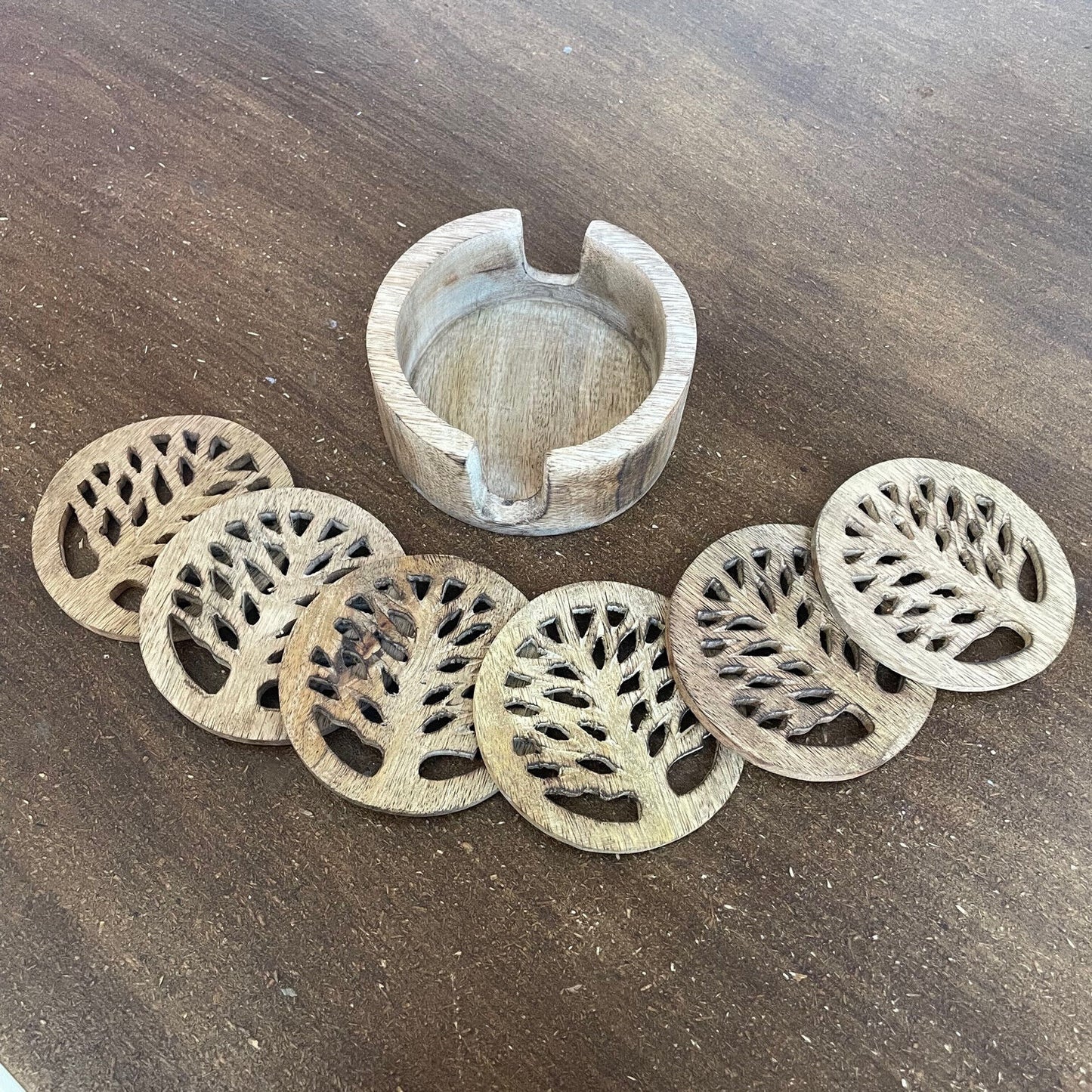 Hand Carved Tree Of Life Set Of 6 Coasters In Stand