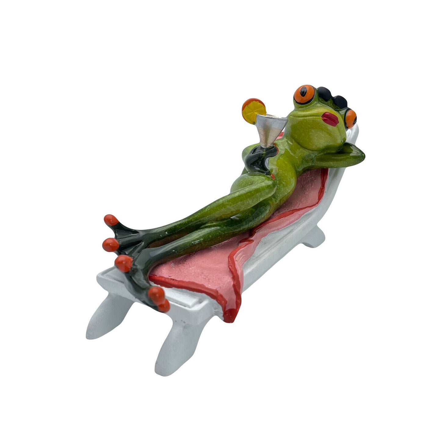 Comical Frogs Drinking Cocktail On Deck Chair Small Resin Figurine