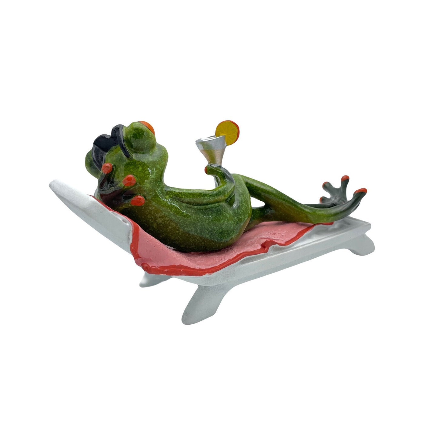 Comical Frogs Drinking Cocktail On Deck Chair Small Resin Figurine