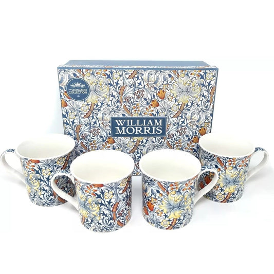 Golden Lily Mugs William Morris Floral Fine China Coffee Tea Cups Set of 4 Boxed