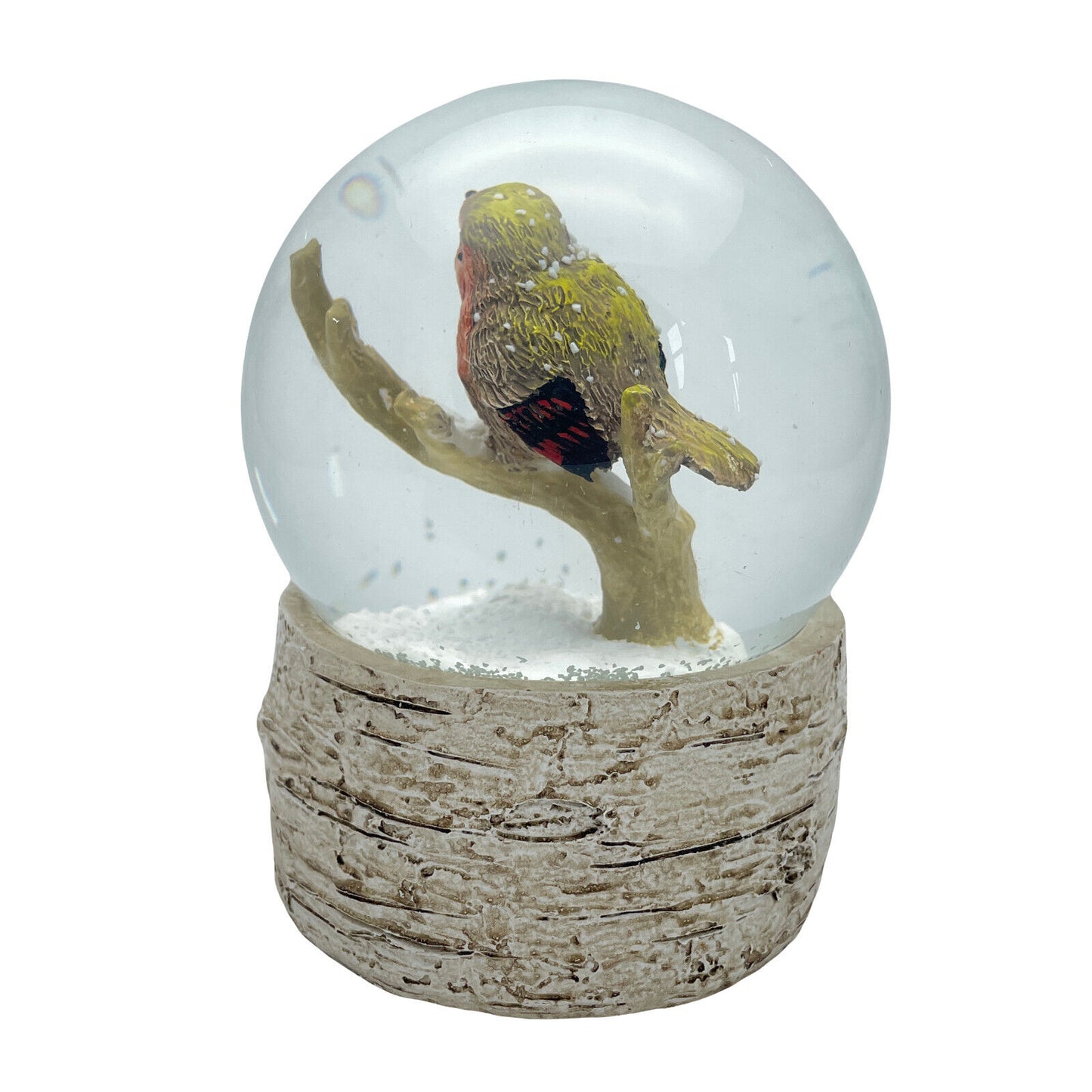 Robin On Branch Snow Globe On Wood Effect Base