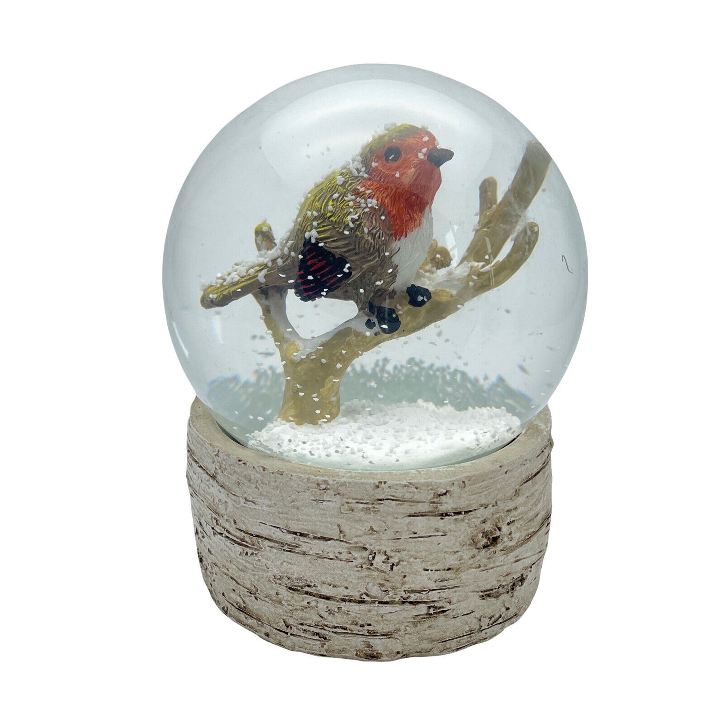 Robin On Branch Snow Globe On Wood Effect Base