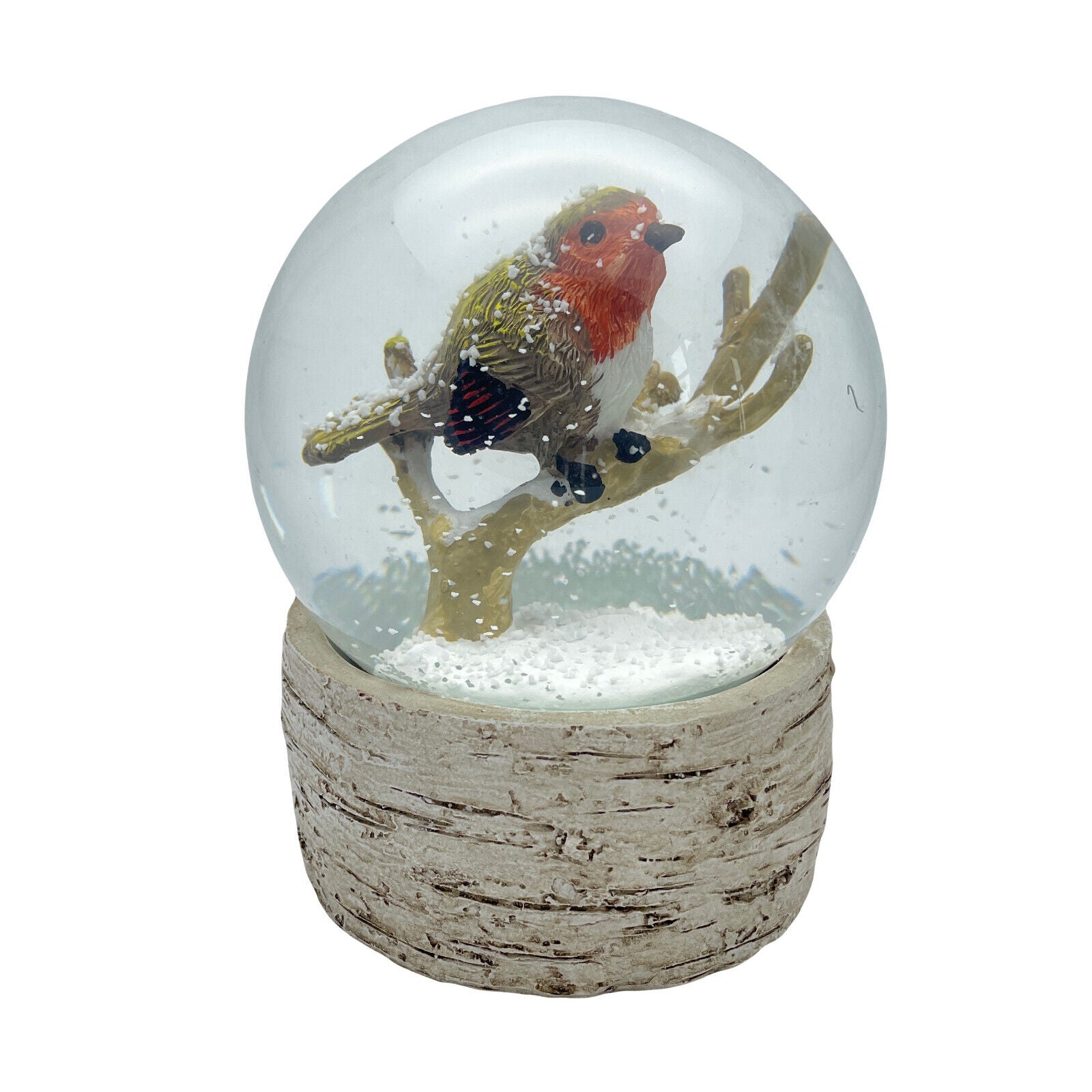 Robin On Branch Snow Globe On Wood Effect Base