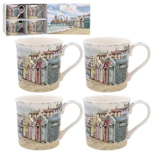 Sandy Bay Set of 4 Mugs Beach Seaside Nautical Pattern Comes Gift Boxed