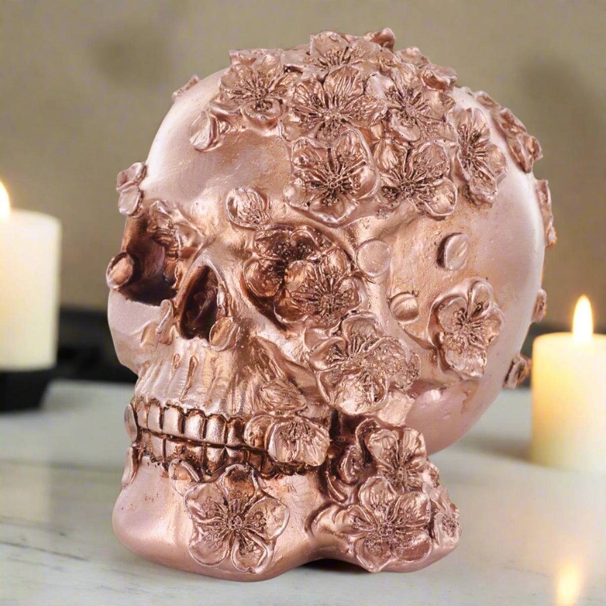 Copper Rose Gold Skull Ornament With Flowers