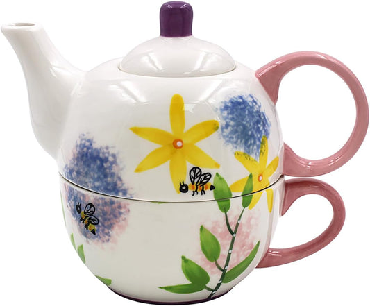 Tea for One Ceramic Teapot and Cup Set Alliums & Bees Pattern