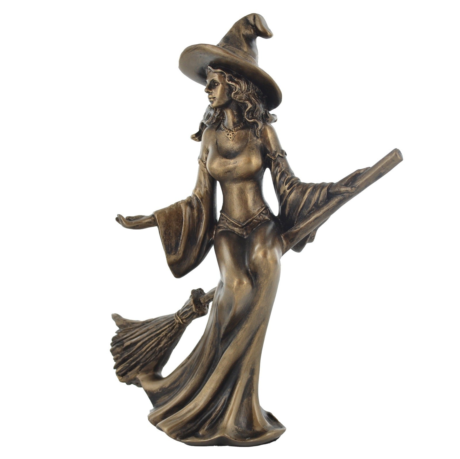 Witch Riding Broom Figurine In Bronze Finish