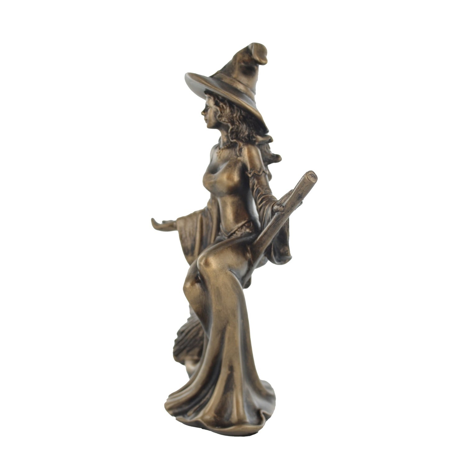 Witch Riding Broom Figurine In Bronze Finish