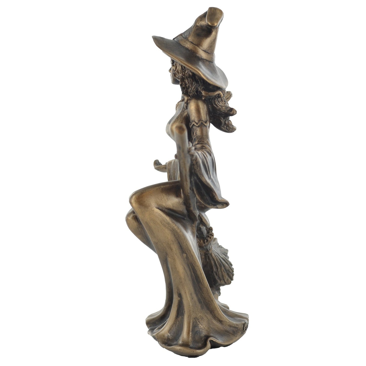 Witch Riding Broom Figurine In Bronze Finish