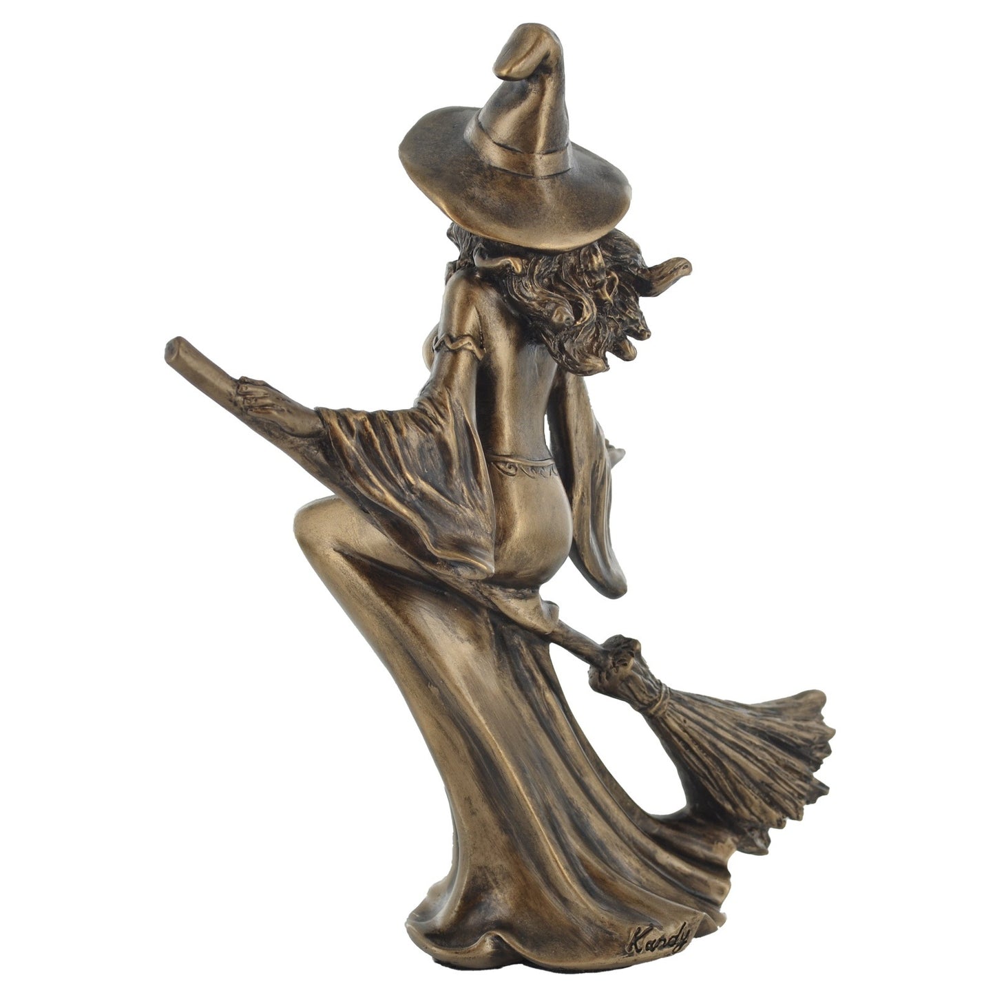 Witch Riding Broom Figurine In Bronze Finish