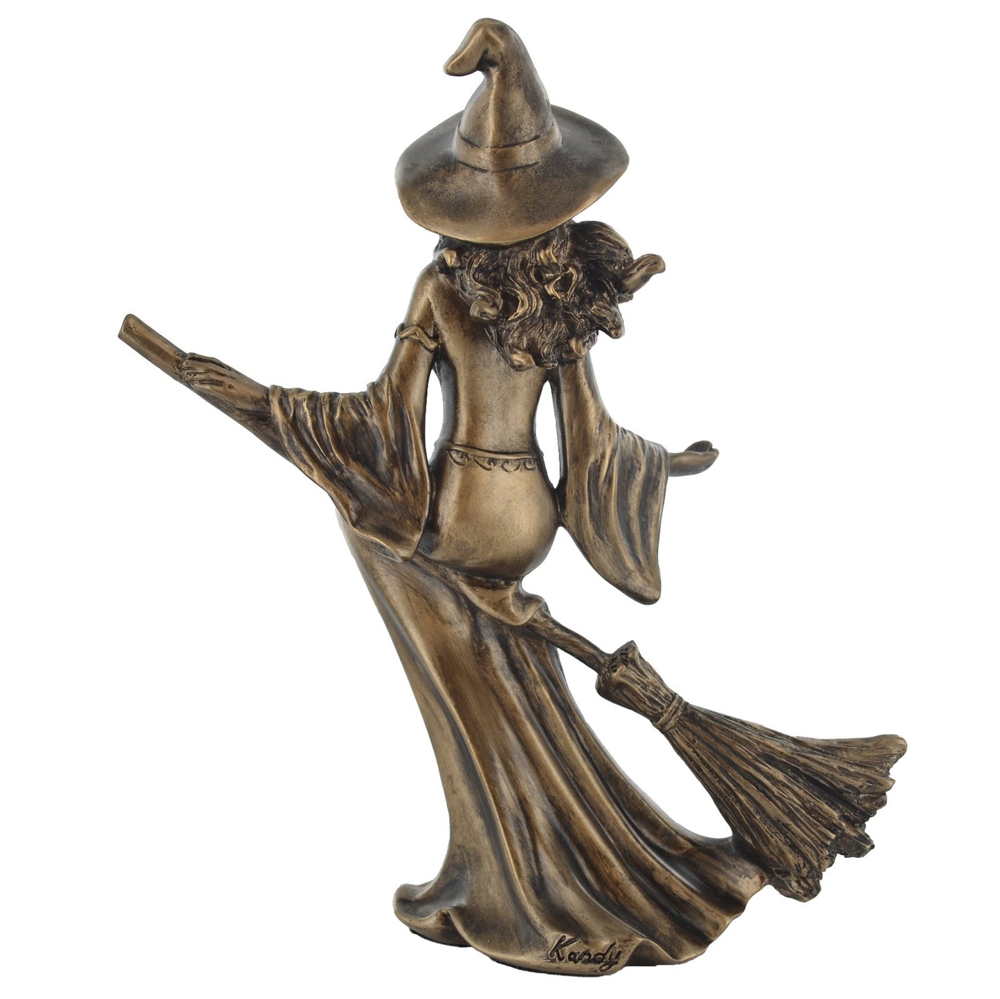 Witch Riding Broom Figurine In Bronze Finish