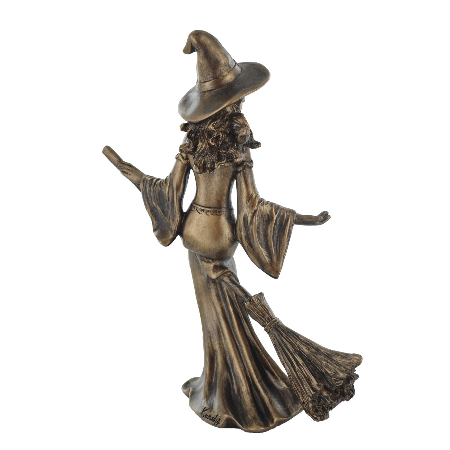 Witch Riding Broom Figurine In Bronze Finish